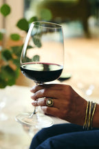 Hand holding a glass of red wine with a blurred background